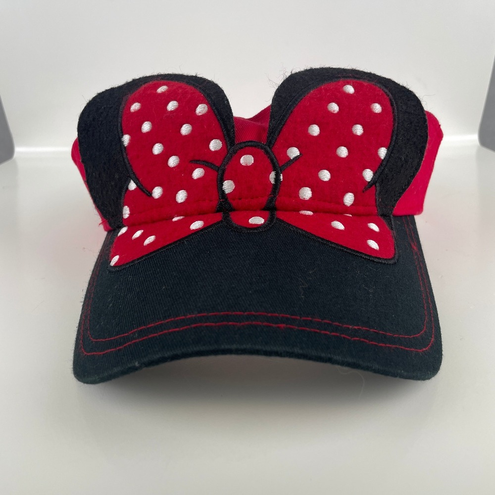 Disney Minnie Mouse‎ Red Black Polka Dot Bow Ears Sun Visor Adjustable Hat Retro